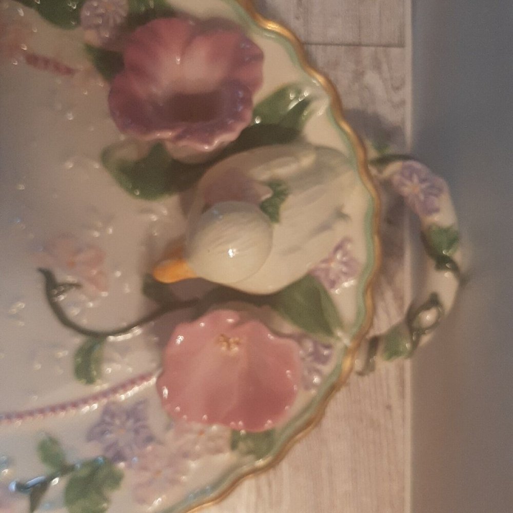 Vintage Avon Easter Spring Serving Platter Pottery Dish Duck Flowers Handle 2001 - Picture 3 of 13